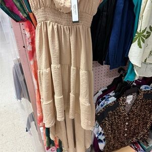 Discreet Beige Smocked Tiered Maxi Dress